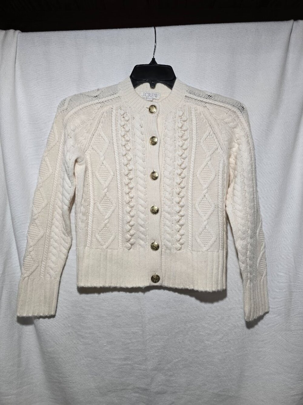 J.Crew Ivory Cable-Knit Cardigan Sweater Gold Buttons Women's Size XXS EUC